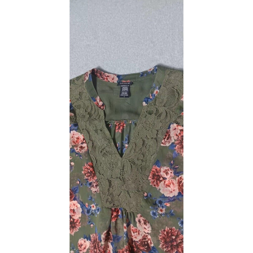 Torrid Chiffon Peasant Lace Inset Long Sleeve Blouse 1 Green Floral Cottagecore - Picture 5 of 13